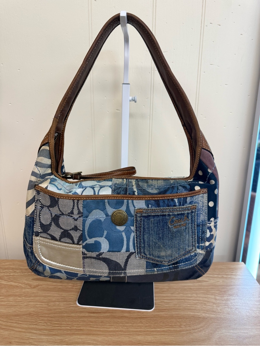 Rare Coach Patchwork Denim Shoulder Bag in Blue and Brown